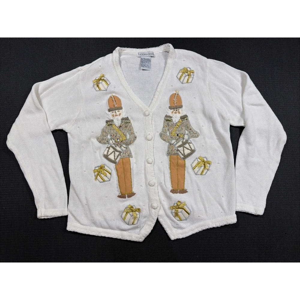 Vintage Nutcracker Cardigan Sweater Cream Gold Beaded Embroidered Womens Large